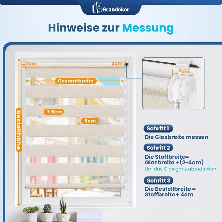 Grandekor Doppelrollo Klemmfix ohne Bohren Leinen 75x230 cm(Stoffbreite 71cm) Fenster Rollos für innen Klemmrollos Duo Rollos für Fenster ohne Bohren mit Bohren Privatschutz UV-Schutz Zebrarollo – Bild 6