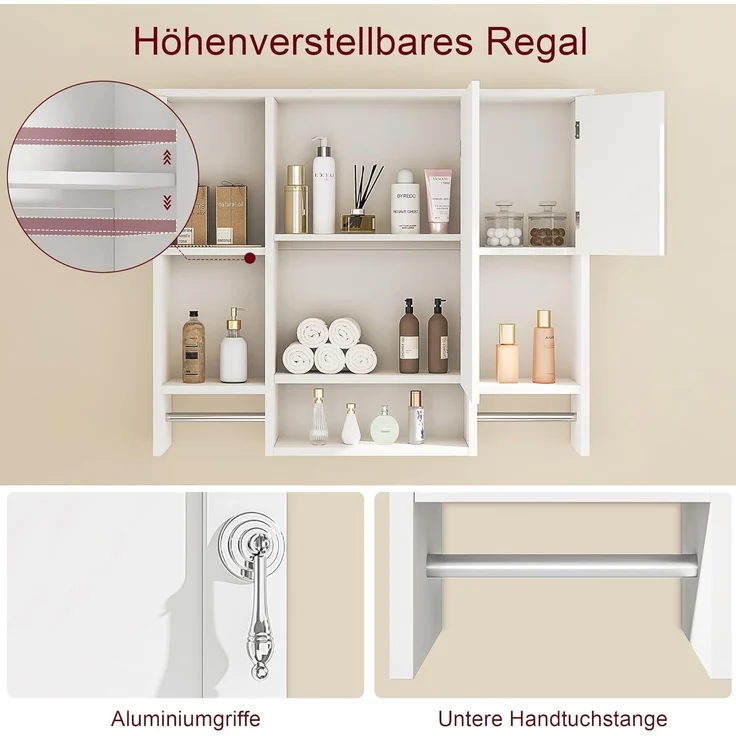 Badezimmerschrank mit Spiegel, Wandschrank mit Türen und offenen Fächern, wandmontierter Medizinschrank mit 2 Handtuchhaltern, Badschrank für Badezimmer, Waschküche und Küche, Weiß – Bild 4