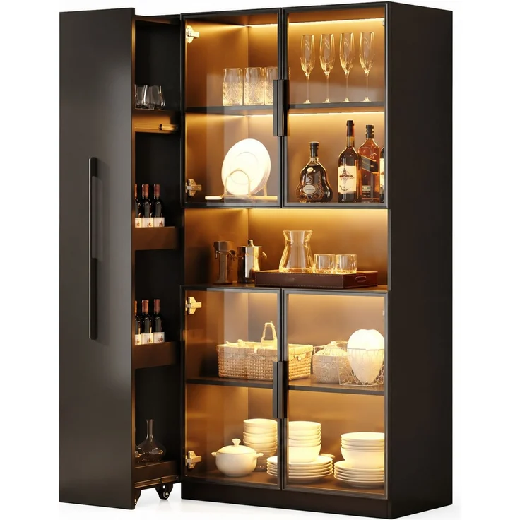 Vitrinenschrank 110x35x160 cm in Schwarz mit LED, Glasfront und Ausziehregalen – Bild 7