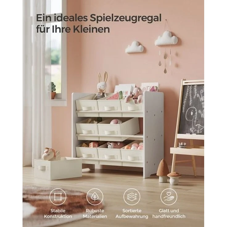 Songmics Kinderregal, Spielzeugregal, Bücherregal Kinder, mit 9 Aufbewahrungsboxen aus Vliesstoff, Kinderzimmer Regal, geräumig, 29,5 x 62,5 x 60 cm, wolkenweiß GKR033W10 – Bild 3