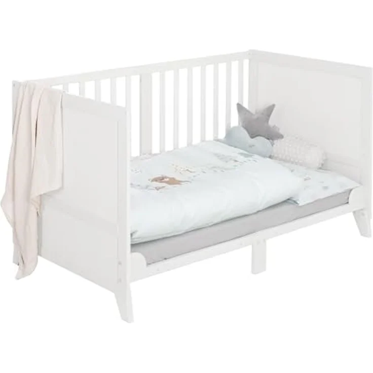 roba Komplettbettset Woodland Buddies - Babybett 70 x 140 cm aus Holz inkl. Matratze, Bettwäsche, Himmel & Himmelstange - Mitwachsendes Kinderbett ab 6 Monate - Weiß – Bild 5