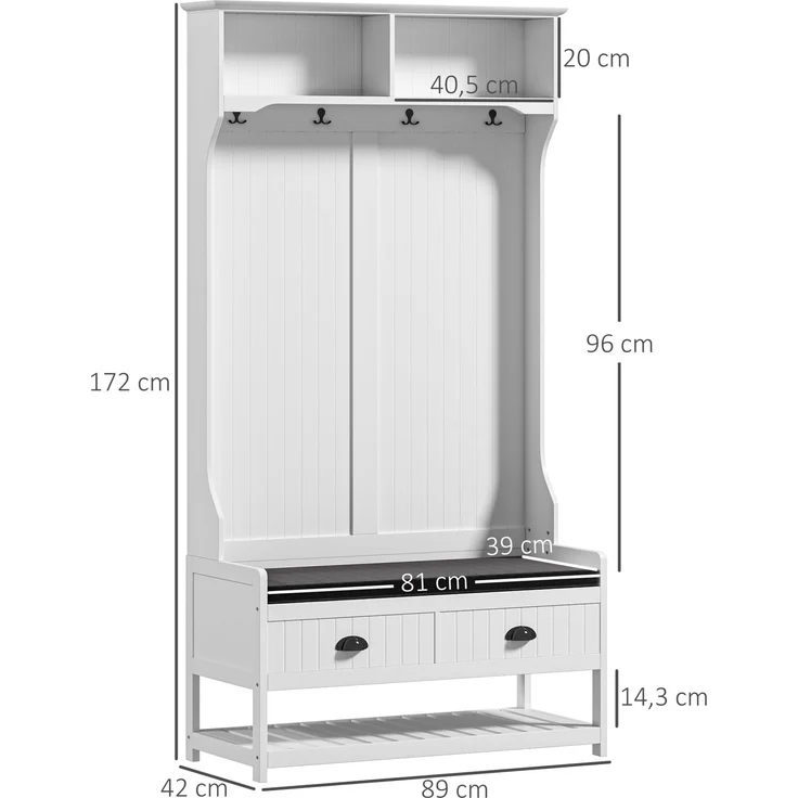 Faumrta 2-in-1 Garderobenständer, Kleiderständer mit 4 Haken, Garderobe mit Schuhbank und Ablagen, Jackenständer mit Kippschutz, für Eingangsbereich, Flur, Schlafzimmer, Weiß+Grau89CM*42CM*172CMWeißMDF (Medium-Density-Faserplatte) – Bild 3