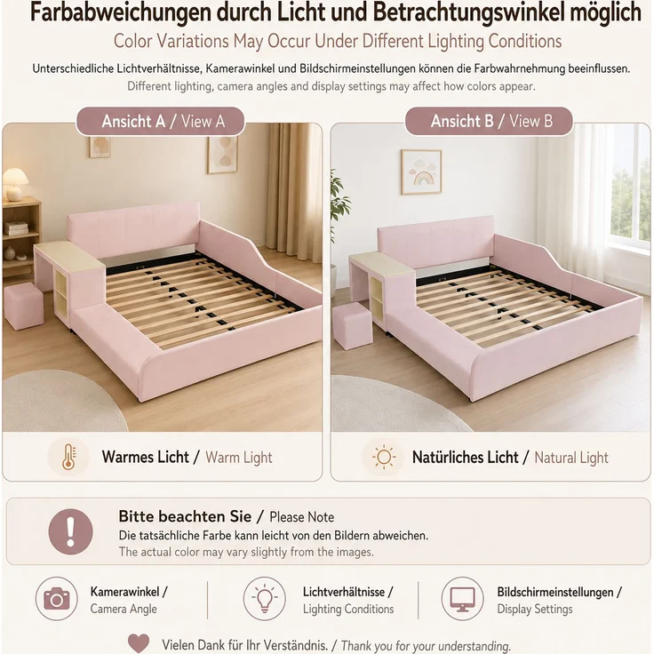 Kinder-Polsterbett, Samt mit Schreibtisch, Hocker & Ablageboden, 140x200 cm, Rosa, ohne Matratze – Bild 5