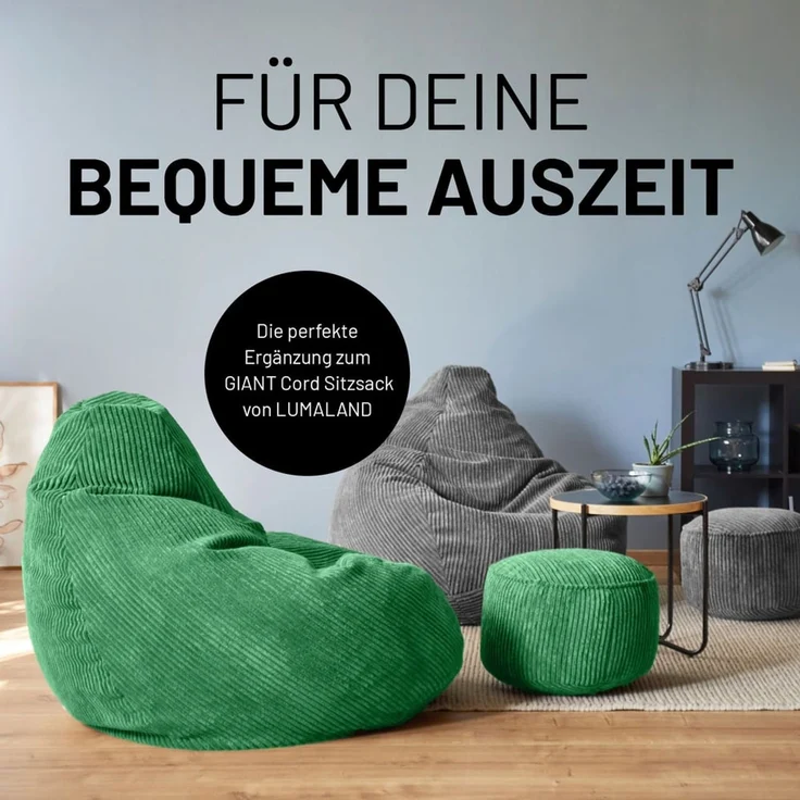 Lumaland Pouf Sitzsack-Hocker Pouf rund Cord 50l dunkelgrün, supersofte Füllung EPS-Perlen – Bild 7