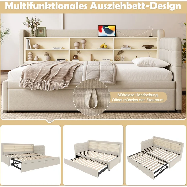 Daybett 90x200 cm mit Ausziehbett, Schlafsofa mit USB & Typ-C Ladeanschluss, multifunktionales, Leinenstoff Beige – Bild 5