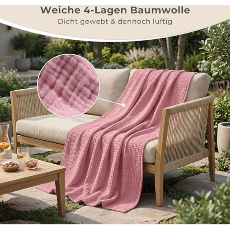 LAYNENBURG Premium Musselin Tagesdecke 180x220 cm - 100% Baumwolle - extraweiche Baumwolldecke als Kuscheldecke, Bett-Überwurf, Sofa-Überwurf, Couch-Überwurf - warme Sofa-Decke (Altrosa) – Bild 8