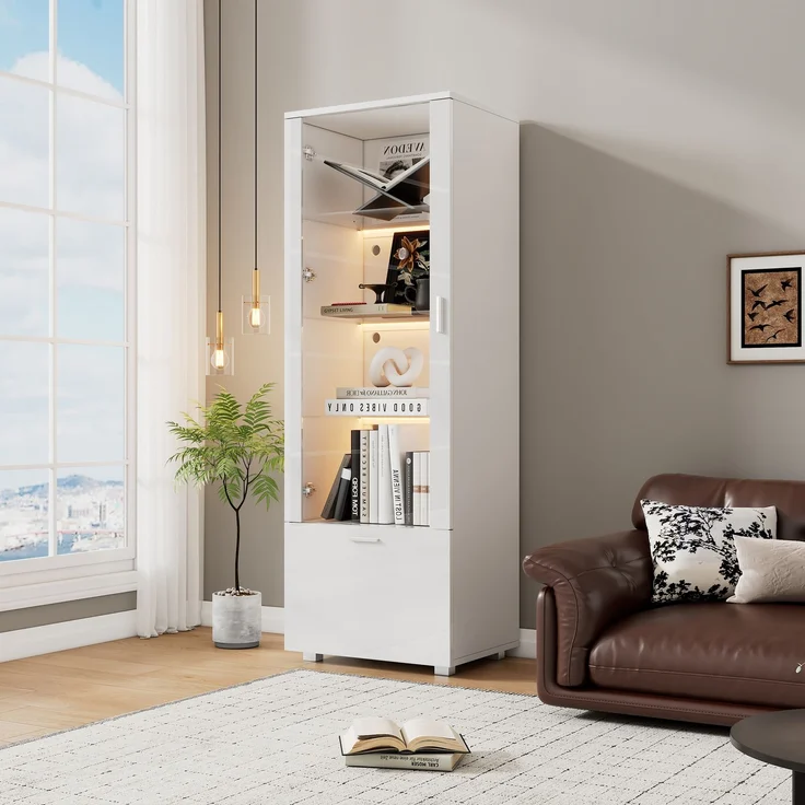 50*40*160cm Weiß Hochglanzvitrinen mit Acryltür, LED-beleuchtete Acryl-Vitrine, Vitrinen für Sammlerstücke, Parfümschränke, Bücherregale und Acryl-Vitrine mit Weiß Hochglanztüren (3 Fachböden)--Weiß--50x40x160cm--YOUDENOVA – Bild 1