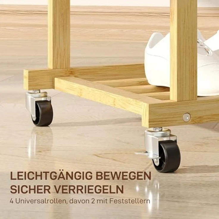 HOMCOM Kleiderständer mit Rollen, Kleiderstange, Schuhablage, (Garderobe aus Bambus, 1 St, Garderobenständer), für Schlafzimmer, Ausstellungen, Waschküche, Natur – Bild 4