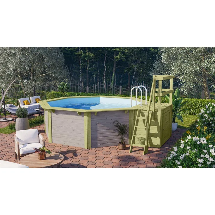 Achteck-Pool X1 400x400 cm Holz wassergrau mit Terrasse, Set mit Filter+Skimmer