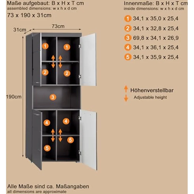 Trendteam 'Amanda' Hochschrank, Holz, Grau Hochglanz, 190 x 31 x 73 cm – Bild 7