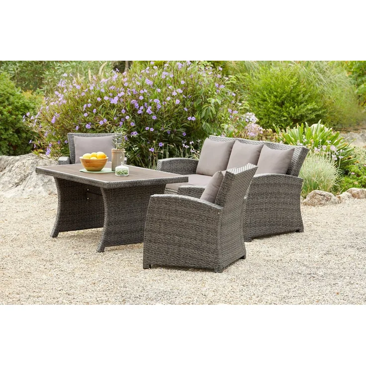 KONIFERA Gartenlounge-Set Siros, (Set, 12-tlg, 1x 3er Sofa, 2x Sessel, 1x Tisch 135x82x65cm, inkl. Auflagen), Polyrattan, Stahl, Tischplatte aus Nonwood, geeignet für 5 Personen