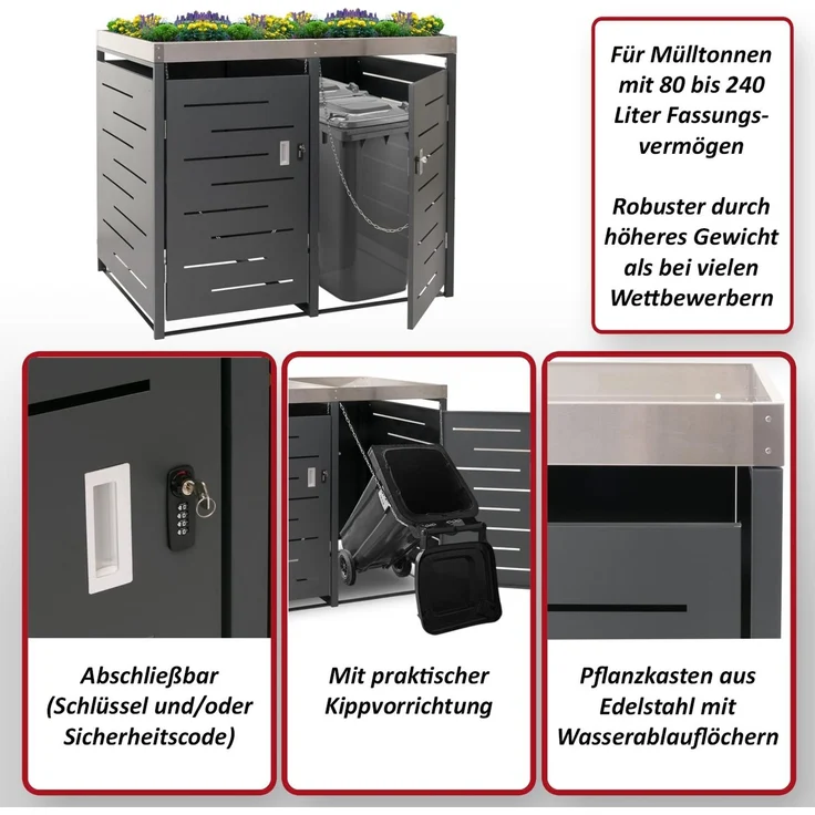 XL 2er-/4er-Mülltonnenverkleidung HWC-H40, Mülltonnenbox, Pflanzkasten Edelstahl-Metall 63kg 125x140x102cm erweiterbar – Bild 2