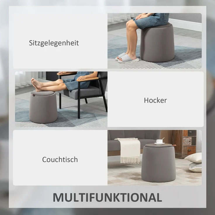 Runder Hocker, 44 x 44 x H 47,5 cm, Polyester in Samtoptik, Wendedeckel und Stauraum, 1 Stück – Bild 7