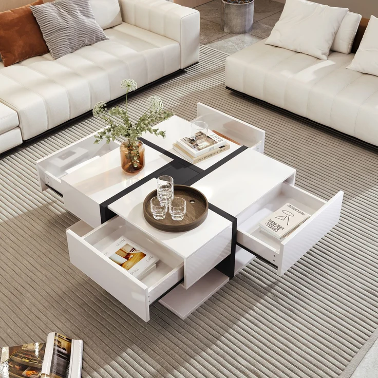 Quadratischer Couchtisch Hochglanz Weiß Schwarz mit 4 Schubladen Wohnzimmer Tisch Ablage Modern Design – Bild 5