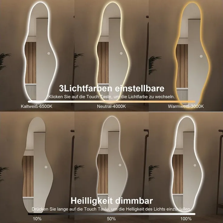 WDWRITTI Ganzkörperspiegel Ohne Rahmen LED Ganzkörperspiegel Wandspiegel groß Asymmetrisch (Flurspiegel Modern mit 3Lichtfarben, Dimmbar, Speicherfunktion, 165x60cm), 5mm HD Spiegel mit Splitterschutzfolie
