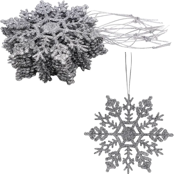 12 Stück – Glitzernde Schneeflockenornamente, Weihnachtsdeko für Party & Baum (Silber, 10 cm)
