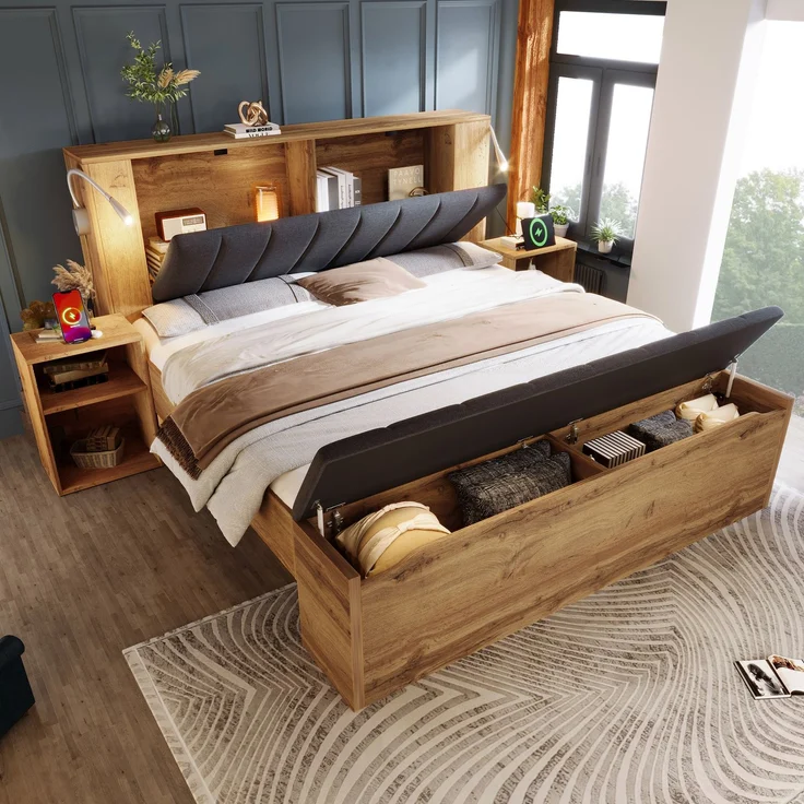 Rayofly-Doppelbett H 200cm x T 160cm x B 200cm, Holzbett mit klappbarem Kopfteil aus Leinenstoff, Stauraum, 2 Nachttische, Bettbank mit Stauraum, Leselampen mit USB, Lattenrost, Eiche, mit Matratze – Bild 9