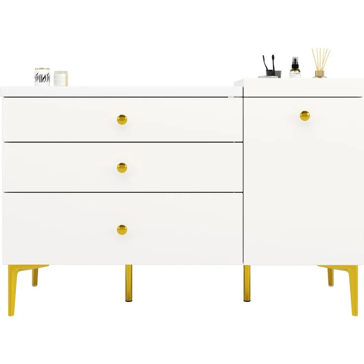 Waschtischunterschrank 120 x 47,5 x 80 cm mit Keramikwaschbecken – Badezimmerschrank in Weiß mit goldfarbenen Griffen – Bild 5