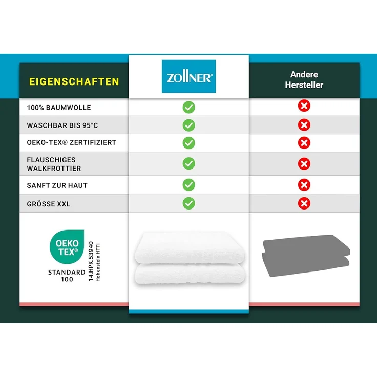 ZOLLNER 2er Set Badetuch, Baumwolle, 100x150 cm, weiß – Bild 6
