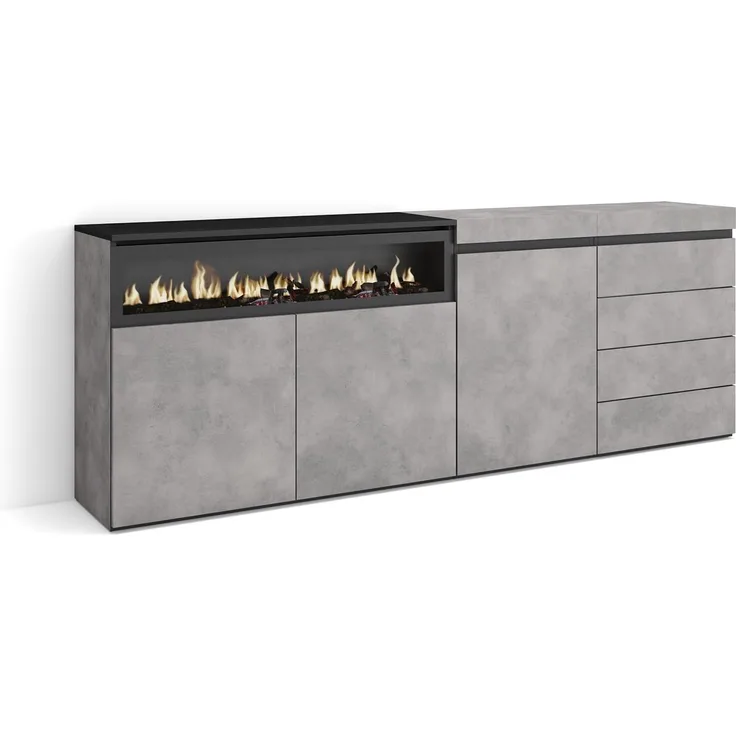 Skraut Home | Sideboard, Kommode | Aufbewahrungsschrank | 207 x 75 x 35 cm | Für Schlafzimmer, Zimmer | Elektrokamin. | Kommode mit Schubladen | Moderner Stil | Zement
