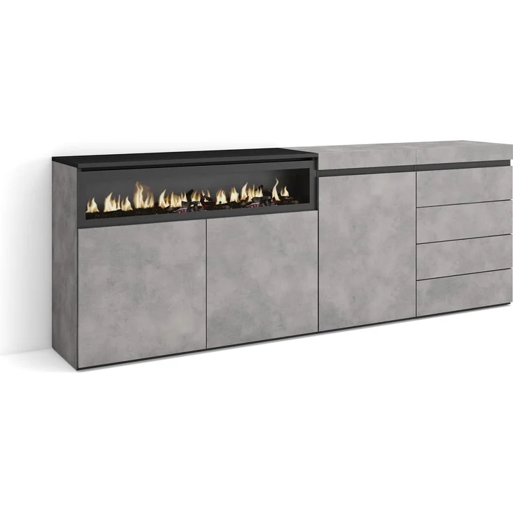 Skraut Home | Sideboard, Kommode | Aufbewahrungsschrank | 207 x 75 x 35 cm | Für Schlafzimmer, Zimmer | Elektrokamin. | Kommode mit Schubladen | Moderner Stil | Zement