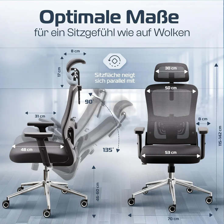 CLOUVOU BrightSeat Bürostuhl Ergonomisch 100% individuell einstellbar | Büro Stuhl & Gaming Stuhl | Computerstuhl Home Office Chair Ergonomic | Drehstuhl 150 kg – Bild 2
