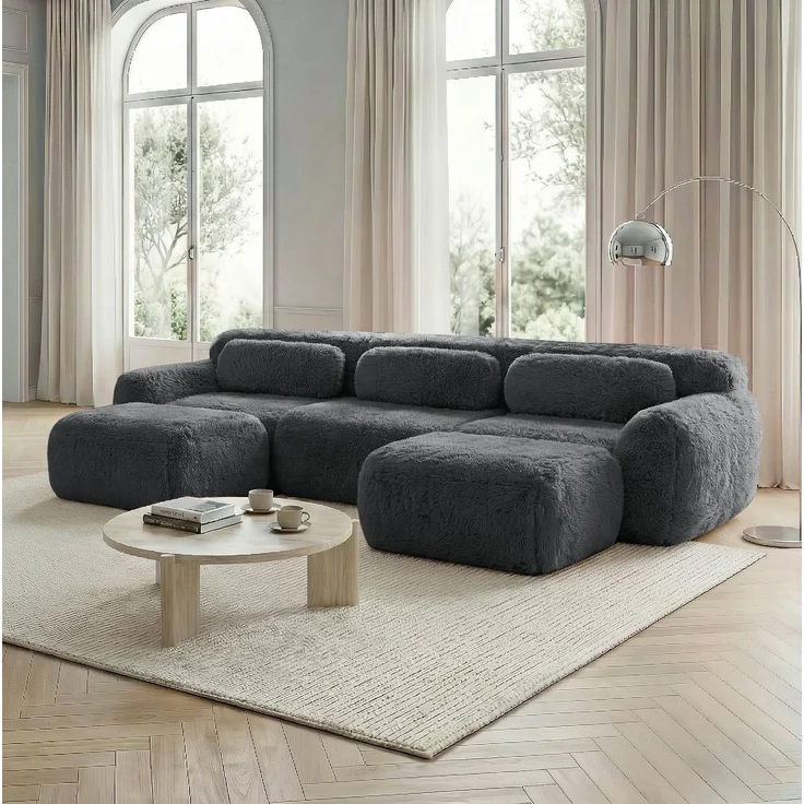 DESVIAE Sofa modular aus Plüschstoff Grau, rahmenlos mit rutschfester Basis, 291 x 179 x 73 cm – Bild 2