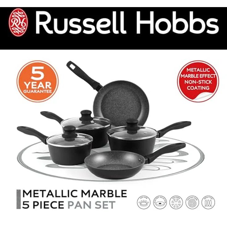 Russell Hobbs RH02814EU7 Metallic Marble Kochpfannen-Set - Antihaft-Küchengeschirr, 20/24-cm-Pfannen, 16/18/20-cm-Töpfe, Deckel aus gehärtetem Glas mit Dampfschlitzen, Induktionskochfeld geeignet – Bild 4