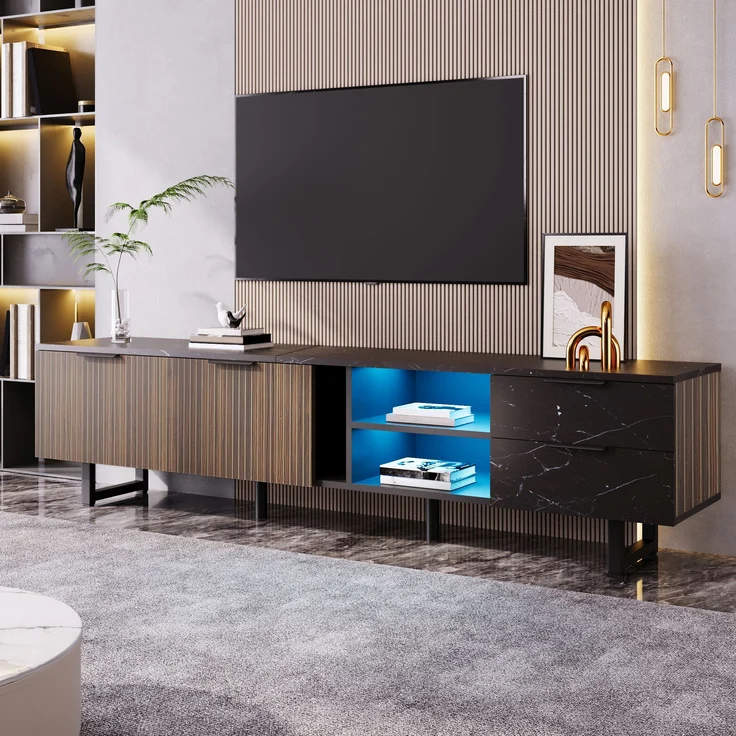 TV-Lowboard, MDF in Marmoroptik mit LED-Beleuchtung & Stauraum, 200x38x50 cm, Schwarz/Holzfarbe – Bild 10