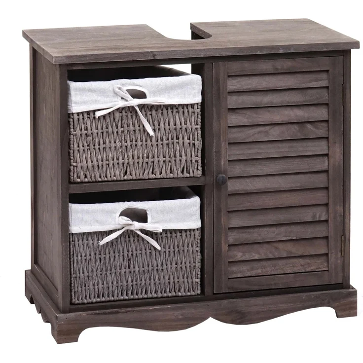 MCW Waschbeckenunterschrank H20, Shabby Grau-Braun, mit 1 Staufach und 2 Körben, komplett montiert, inklusive Siphon-Aussparung