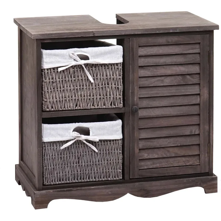 MCW Waschbeckenunterschrank H20, Shabby Grau-Braun, mit 1 Staufach und 2 Körben, komplett montiert, inklusive Siphon-Aussparung
