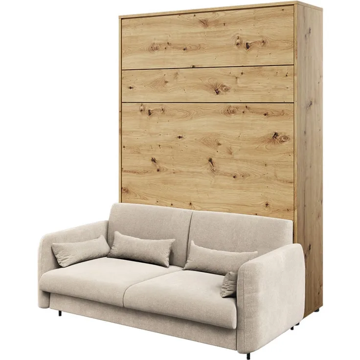 MEBLINI Schrankbett BC-01 - 140x200cm Vertikal - Artisan Eiche/Beige - mit Sofa - Wandbett mit Lattenrost - Klappbett mit Schrank - Wandklappbett - Murphy Bed