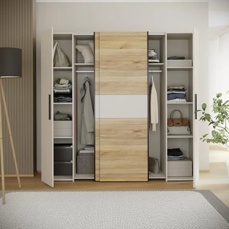 Forte KALIXTUS Kleiderschrank 200, moderner Dreh-/Schwebetürenschrank, 4-türig, geräumig, Holzwerkstoff, Eiche Holzdekor/Kaschmir Beige, 200,1 cm breit x 190,5 cm hoch x 61,2 cm tief – Bild 10
