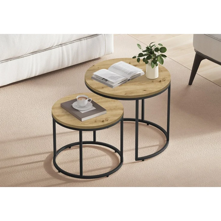 Home Collective Couchtisch 2er Set Beistelltisch Loft Design 2in1 Verschachtelung Wohnzimmer, kratzfeste Oberfläche 53cm und 43cm Artisan mit schwarzen Beinen, rund – Bild 1