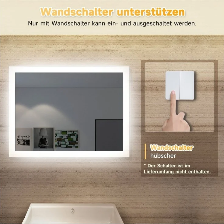 SONNI Schminkspiegel Lichtspiegel 50x60cm mit LED Beleuchtung Kaltweiß Wandschalter, Schminkspiegel,Badspiegel,Wandspiegel – Bild 3