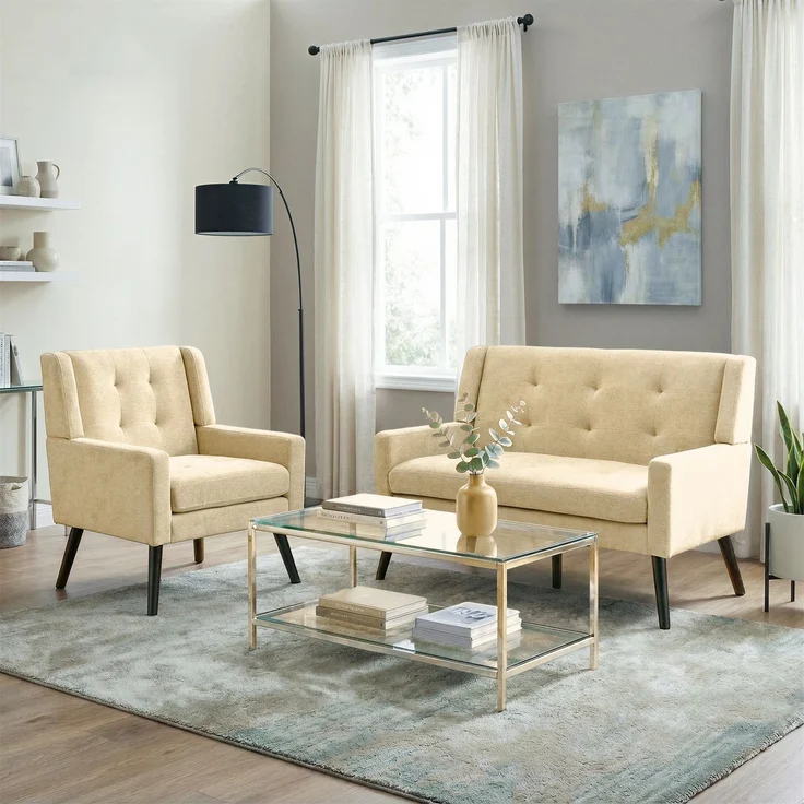 2-teilige Accent-Sessel-Set (Einzel- & Doppel-Sessel) – Hochdichtschaum-Polster, hautfreundliches und langlebiges Gewebe, Massivholzbeine mit bodenschützenden Pads für Wohnzimmer und Home Office--Beige--107.5x66x30cm--YOUDENOVA – Bild 1