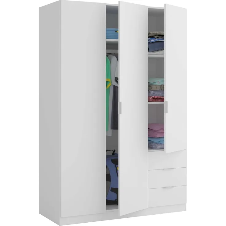 Kleiderschrank mit drei Türen und drei Schubladen mit Einlegeböden und weißer Kleiderstange, Maße 121 x 180 x 52 cm