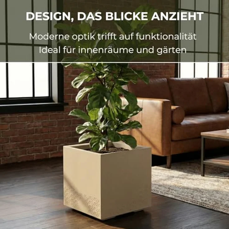 LAMELA Pflanzkübel mit Rollen 40 cm, 36L – Blumentopf aus Kunststoff in Betonoptik – Übertopf mit Wasserablauf – Modern für Innen & Außen - Wetterfest & Pflegeleicht, Beige – Bild 4