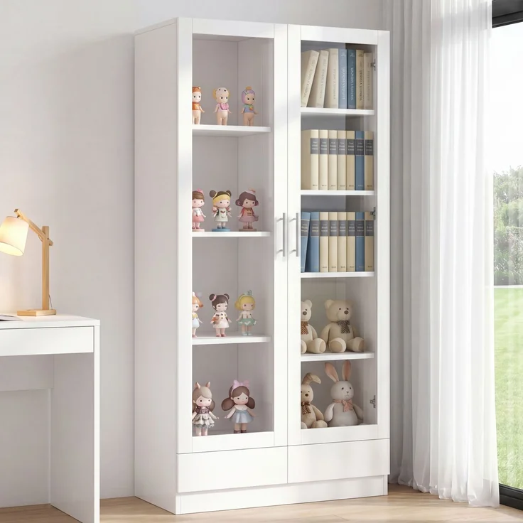Glastürschrank, Aktenschrank, Figurenschrank, Büroschrank, Hochschrank & Aufbewahrungsschrank mit 2 Schubladen, Weiß, Maße 80×40×160 cm--Weiß--160x40x80cm--YOUDENOVA – Bild 7