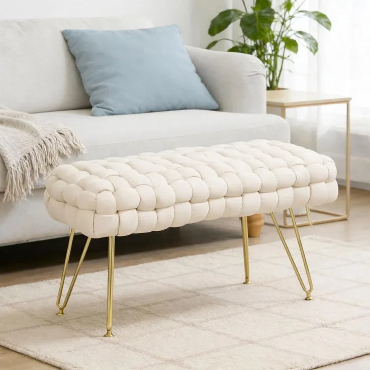 HOMCOM Fußhocker mit Samtoptik, gepolstertem Sitz, Metallbeine, Fußstütze (Sitzhocker, 1 St, Polsterhocker), für Wohnzimmer, Schlafzimmer, 76 x 38 x 41,5 cm, Cremeweiß