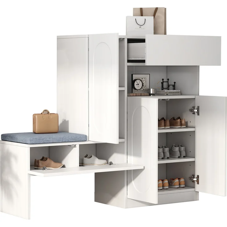 Weißer Schuhschrank mit Sitzbank und höhenverstellbaren Fächern 130 cm Moderner Schuhorganizer für Diele mit Soft Close Funktion Schuhregal Aufbewahrungsbank mit abnehmbarer Sitzauflage và Kippsicherung, 130cmx35cmx110cm, Weiß – Bild 6