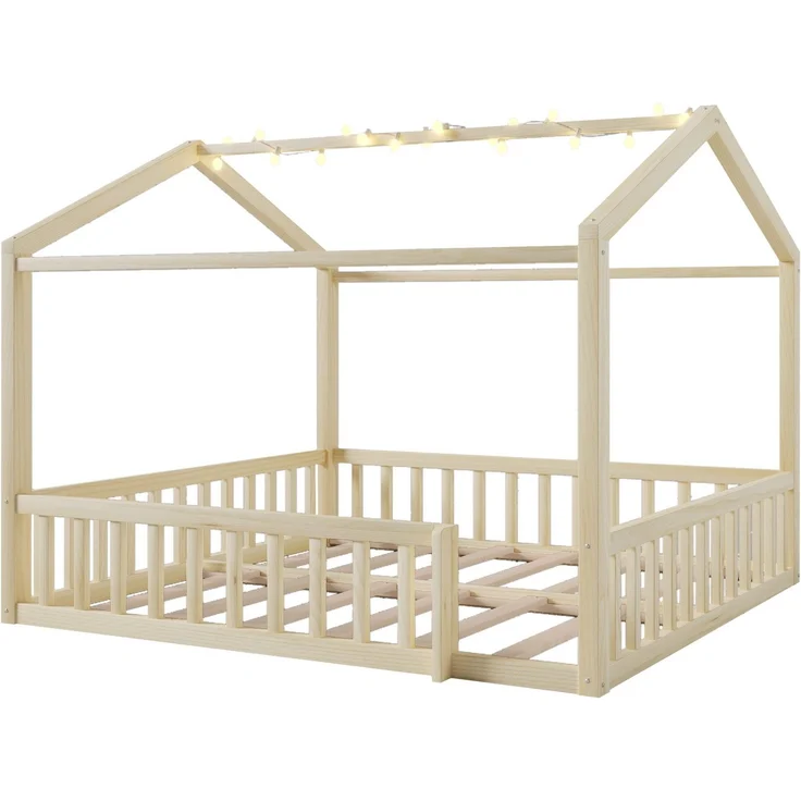 Hausbett mit LED Kugel-Lichterkette, 90x190cm*2/180x190cm, Kinderbett mit Rausfallschutz und Lattenrost, Kiefer – Bild 10