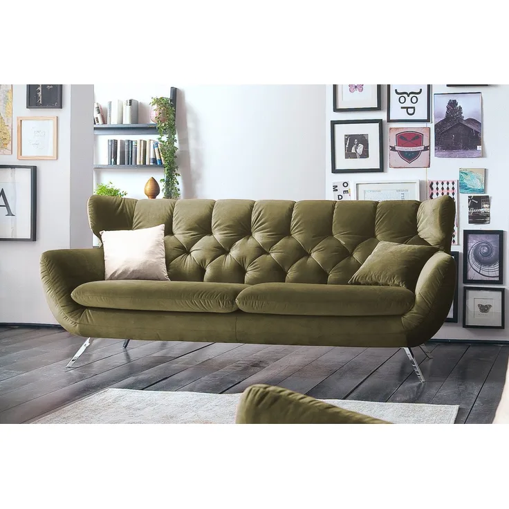 KAWOLA Sofa CHARME 3-Sitzer Velvet oliv 94 x 95 x 225 cm