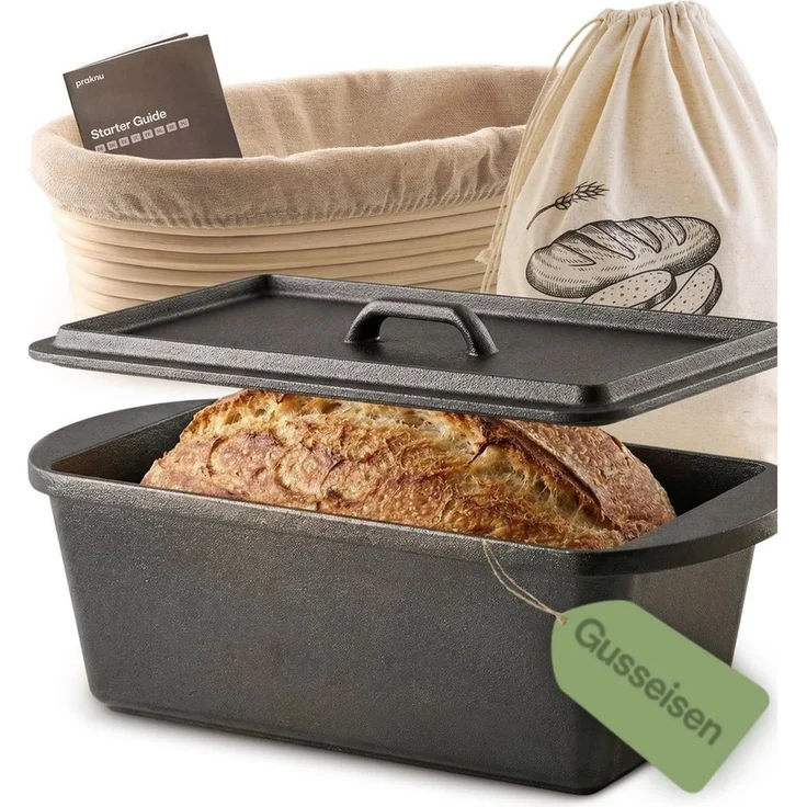 Praknu Bräter Gusseisen Topf für Brot Backen Set – Inkl. Gärkorb, Beutel & Backtopf, (Set mit Zubehör, Gusseisen Topf Eckig 3L + Deckel + Gärkörbchen + Leinenbeutel), Dutch Oven, Brot-Set komplett, Gusseisen massiv – Bild 1