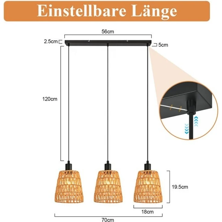 Nettlife Pendelleuchte Retro Boho Hängelampe Rattan höhenverstellbar 1/3 flammige E27, Höhenverstellbar, ohne Leuchtmittel, ob Schlafzimmer Flur Esszimmer Dachboden Küche – Bild 4