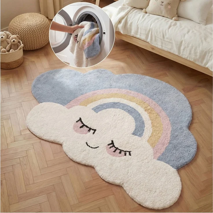 Hanse Home Kinderteppich Nappi - Pflegeleichter Teppich Junge Mädchen, rutschfest&Waschbarer Formteppich Wolke Regenbogen, Kinderzimmer Weicher Spielteppich, Unterlage - Creme Multifarben, 140x200 cm – Bild 1