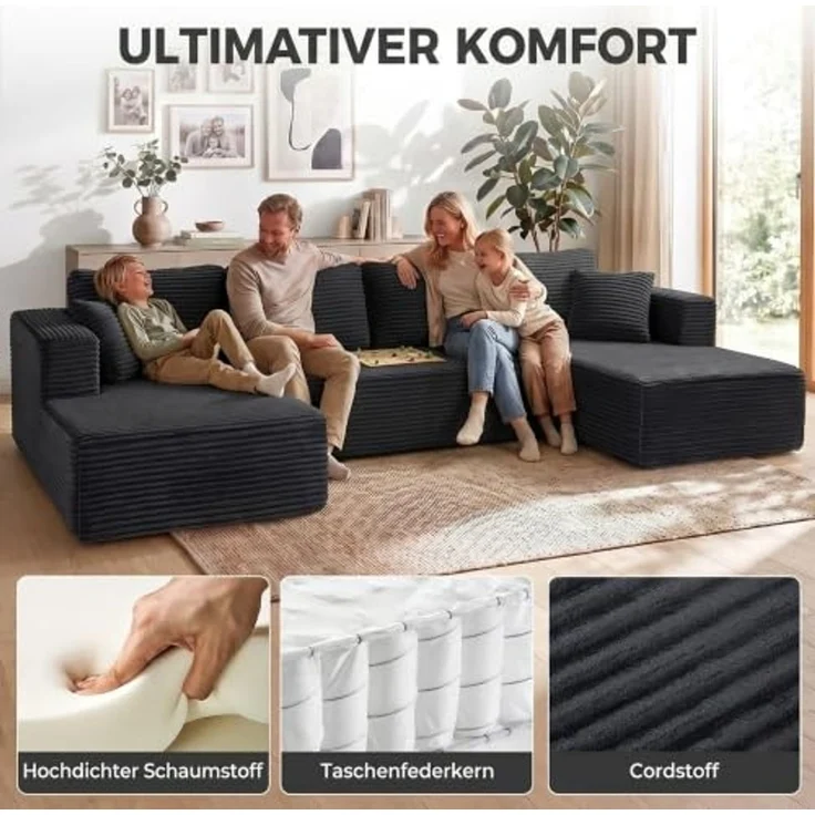 HOMCOM Ecksofa U-Form Sofa Boneless Schlafsofa mit 2 Chaiselongues, Set 3 Teile, modular, Cord, Federkern, ohne Montage – Bild 5