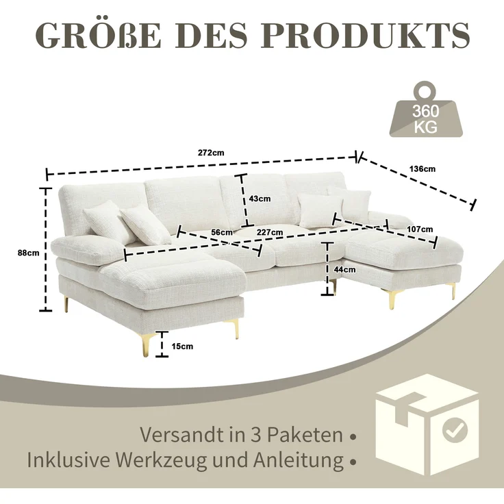 LVHOM Loungesofa 272x136x88 cm, 4-6 Personen, 6-Sitzer Chenille U-Shape Sektionssofa/Modulares Sofaset/Schlafsofa/Ecksofa/Relaxliege – Bild 2