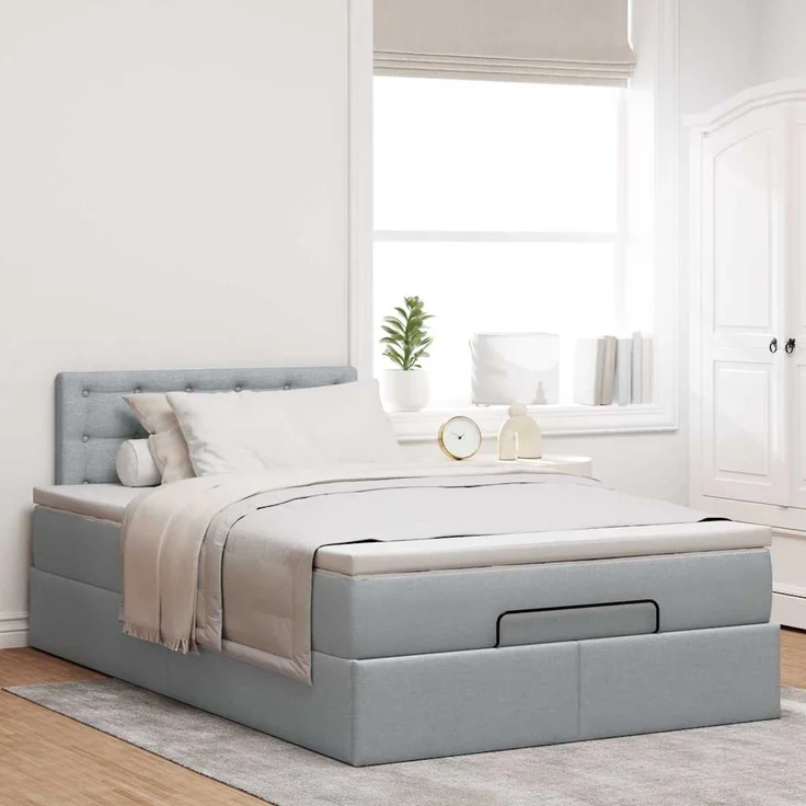 vidaXL Ottoman-Bett mit Matratze & LEDs Hellgrau 120x200 cm Stoff 3312464 – Bild 3