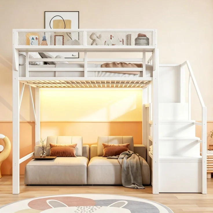 ZUBALIYA Hochbett 140 × 200 cm, Metall, LED-Beleuchtung, Leiter, Weiß – Bild 3